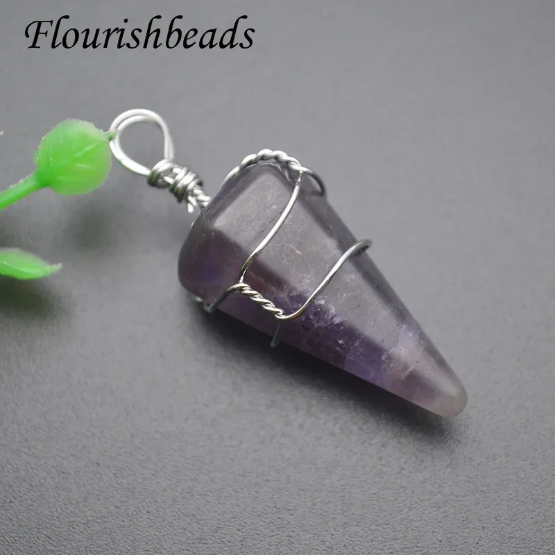 Wholesale 18x40mm Natural Stone Tourmaline  Amethyst Crystal Hexagonal Cone Metal Winding Luck Pendants for DIY Necklace