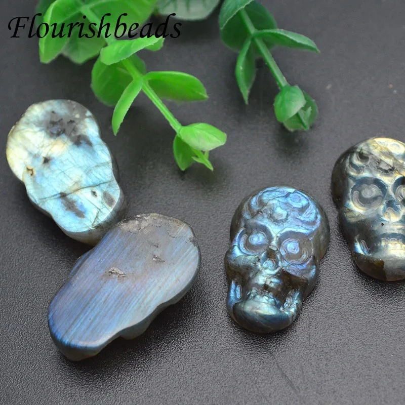 Natural Labradorite Stone Carved Skull Nonporous Pendant Cabochon Charms for Jewelry Necklaces Women Men Gift