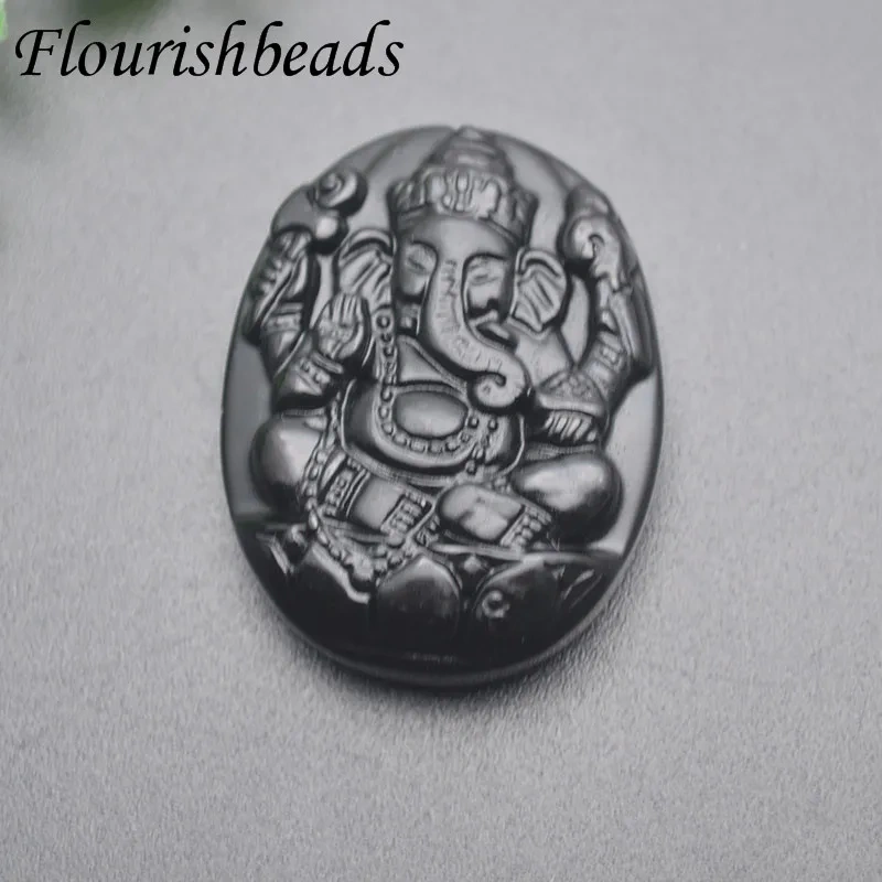 Gemstone Carved Elephant Buddha Ganesha Black Pendant Natural Obsidian Pendant DIY Necklace Cure Jewelry Making Supplies