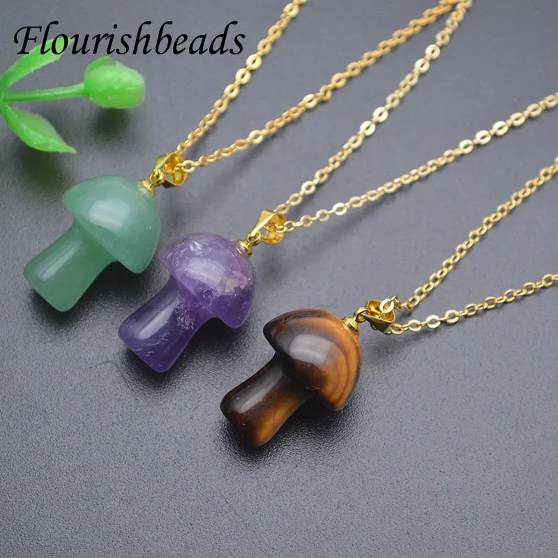 Low MOQ  Natural Gemstone Turquoise Quartz Crystal Amethyst Hand Carved Mushroom Pendant Link Necklace Yoga Amulet for Women Men