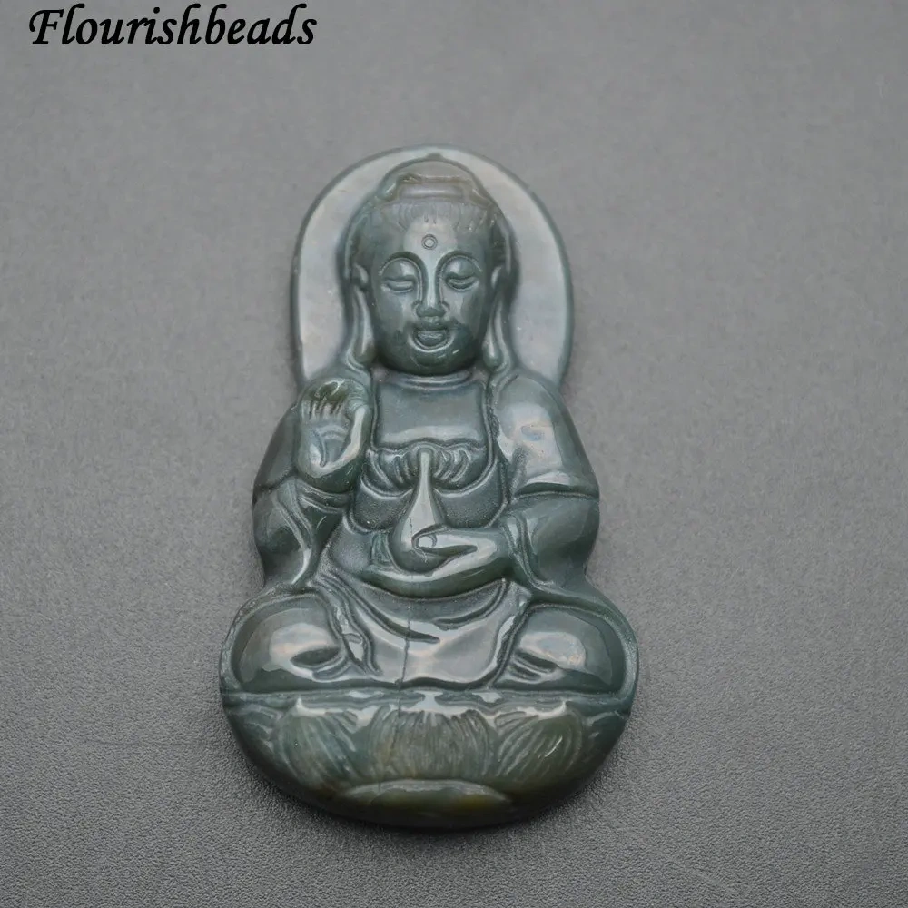 Natural Green India Agate Carved Guanyin Buddha Stone Pendant fit Buddhist Jewelry making