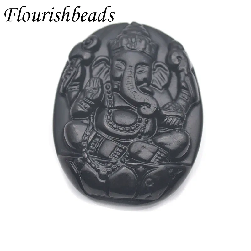 Gemstone Carved Elephant Buddha Ganesha Black Pendant Natural Obsidian Pendant DIY Necklace Cure Jewelry Making Supplies