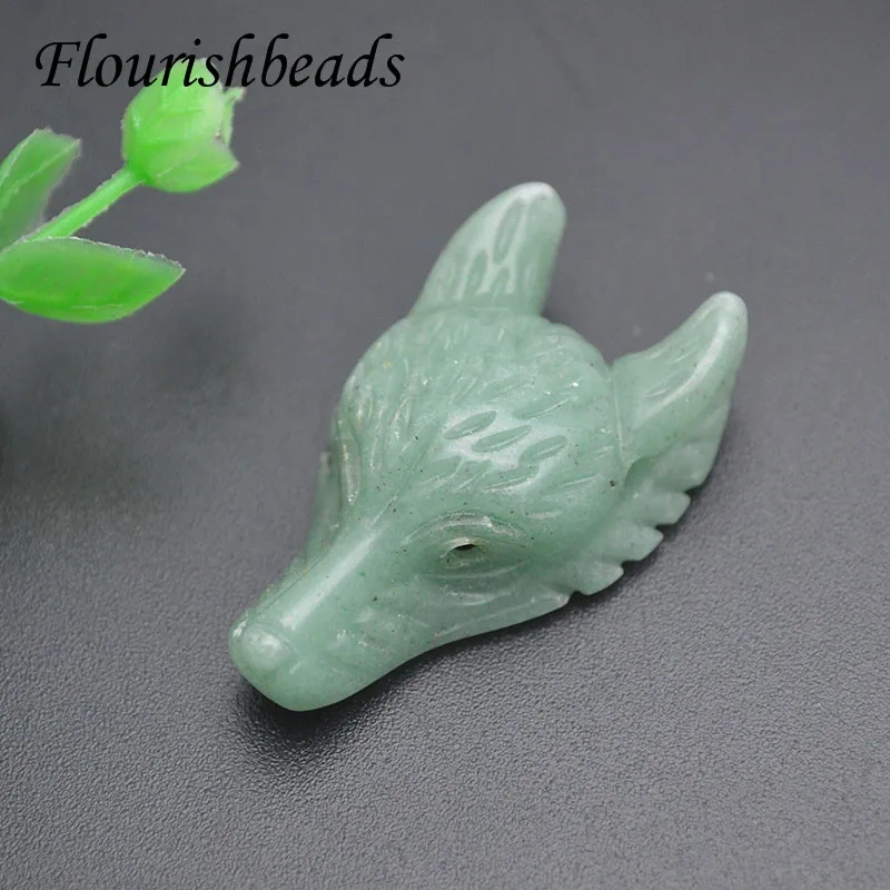 25x42mm Fashion Natural Gemstone Carved Wolf Head Animal Pendant Rose Quartz Opal Stone Charms for Necklace Jewelry Making
