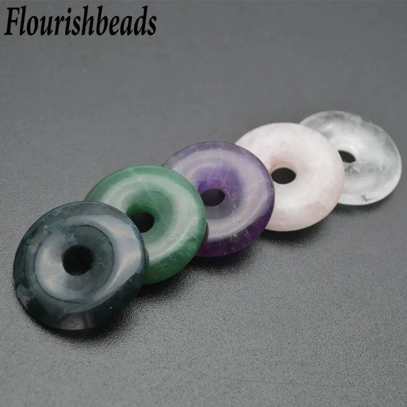 1pc Natural Gemstones Round Donut Shape Pendants Making Fit Necklace (Green Aventurine/Amethyst/Moss Quartz/Crystal/Rose Quartz)