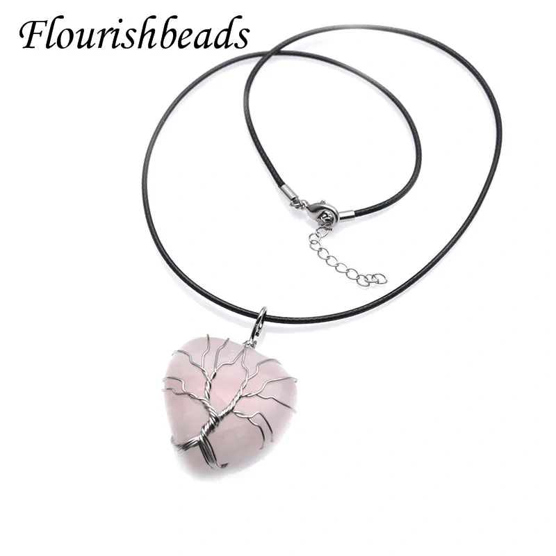 Natural Stone Crystal Aventurine Amethyst Rose Quartz Heart Shape Tree Life Winding Pendant Necklaces Jewelry Energy Yoga Gift