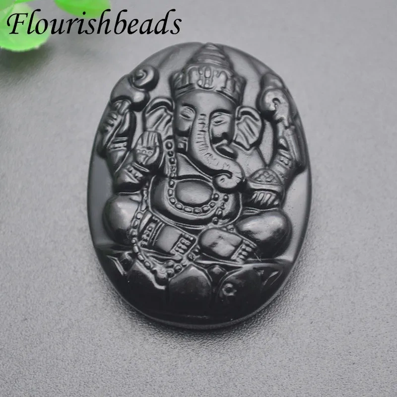 Gemstone Carved Elephant Buddha Ganesha Black Pendant Natural Obsidian Pendant DIY Necklace Cure Jewelry Making Supplies