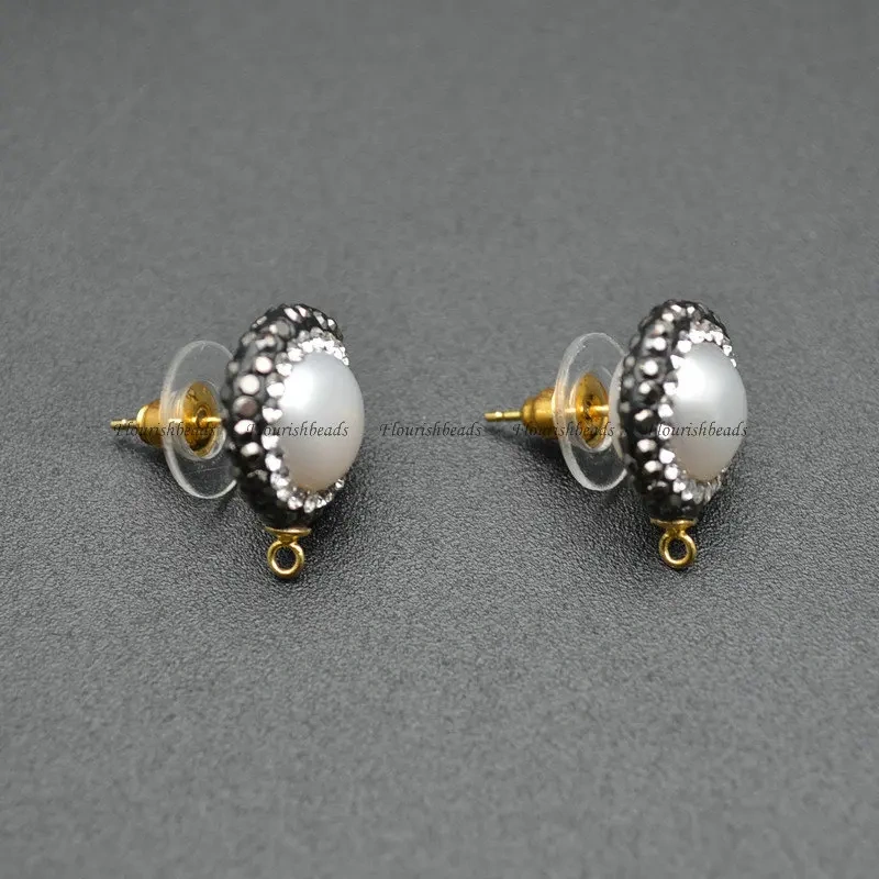 Paved Black Crystal Natural White Pearl Round Shape Dangle Earrings Stud Hooks 925 Silver Pin Jewelry Clasps Findings