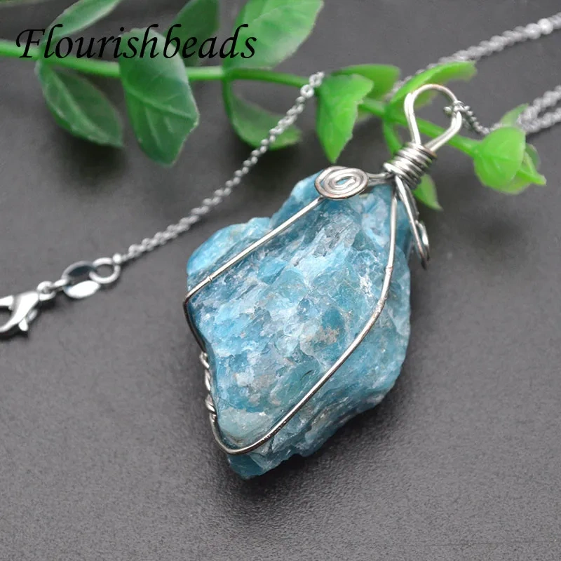 5pc Wire Wrapped Natural Irregular Blue Apatite Rough Raw Stone Nugget Pendant Gemstone DIY Necklace for Jewelry Making Supplies