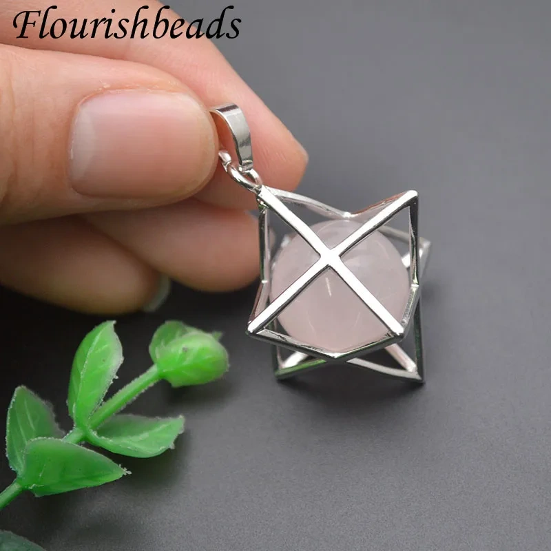 Natural Crystal Rose Quartz Round Beads Openwork Pendant for Men Women Healing Meditation Jewelry Gift