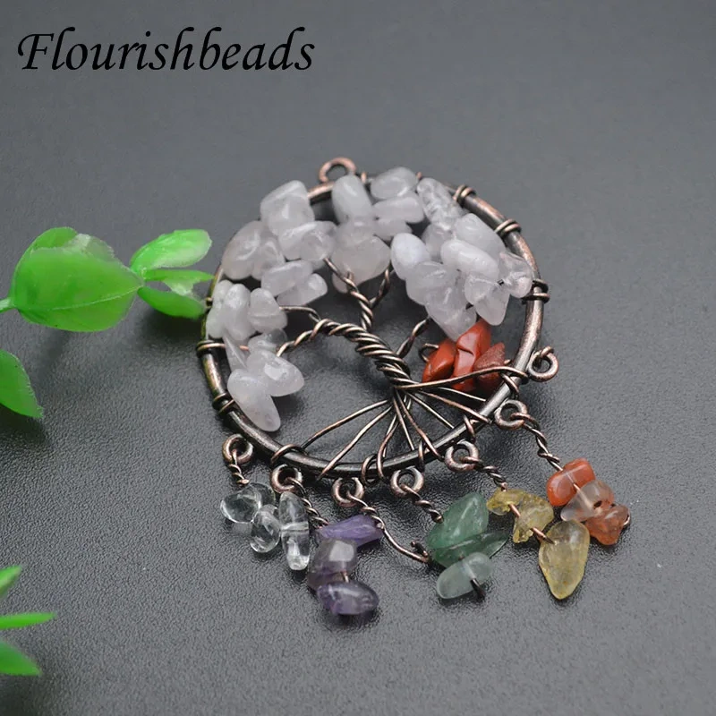 3pcs/lot Natural Stone Tree Life 7 Chakra Handmade  Wire Wrapped Pendants for DIY Jewelry Marking