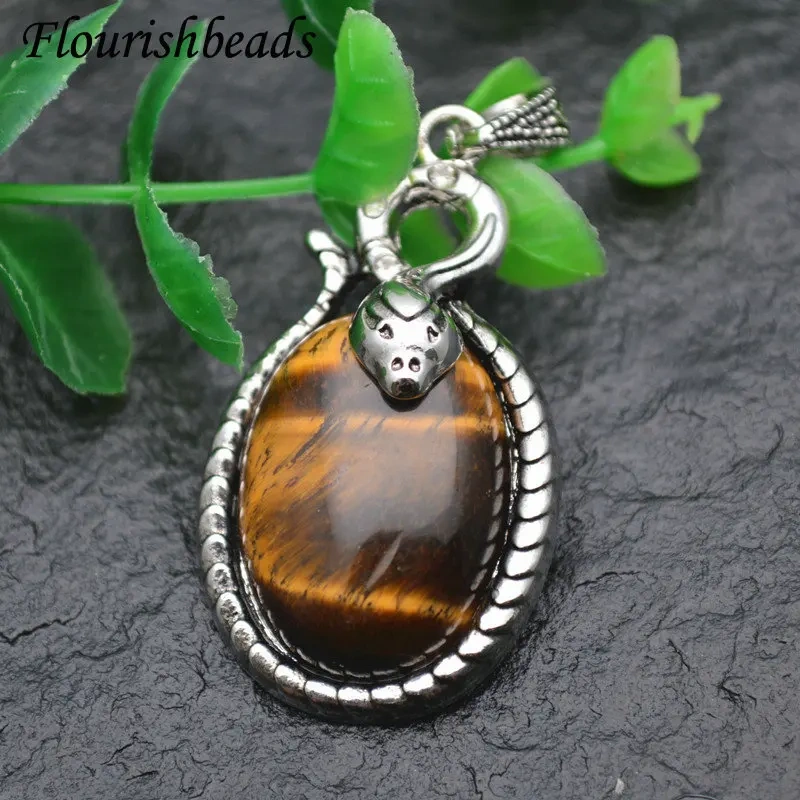Snake Shape Metal Edge Natural Gemstone Oval Pendant Fit Necklace Jewelry DIY Stuff Tiger Eye / Pink Quartz / Amethyst / Crystal