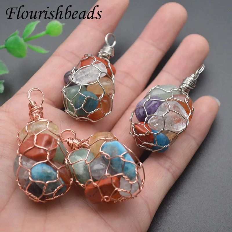 5pcs/lot  Natural Stone Crystal Amethyst Fluorite Polished Stone Nugget Rose Gold Wire Chakra Necklace Jewelry Choker Gifts