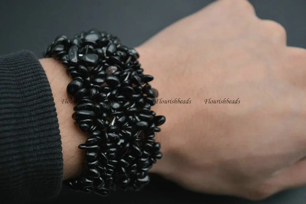 Natural Black Tourmaline Stone Chips Beads 35mm Width Wrapped Bracelets Fashion Party Jewelry Gift
