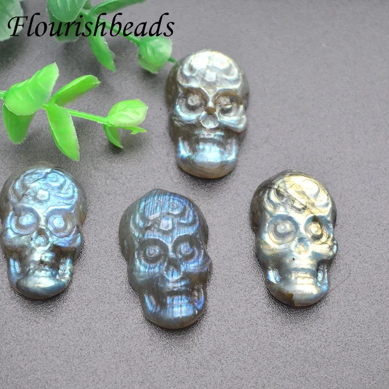 Natural Labradorite Stone Carved Skull Nonporous Pendant Cabochon Charms for Jewelry Necklaces Women Men Gift