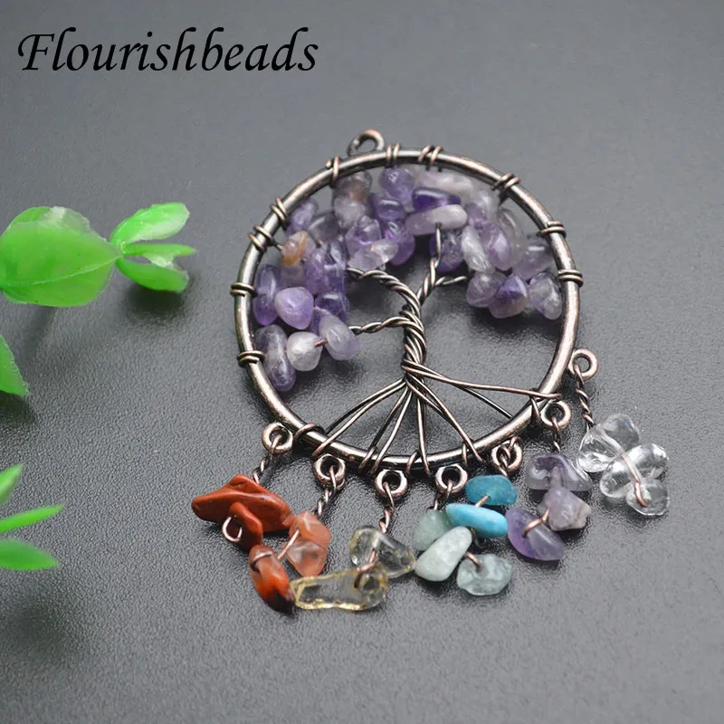 3pcs/lot Natural Stone Tree Life 7 Chakra Handmade  Wire Wrapped Pendants for DIY Jewelry Marking