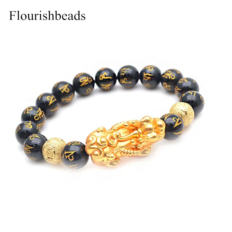 Wholesale 5pc Carved Gold Color Buddhist Words Natural Black Onyx Round Beads Metal Money Pixiu Charm Bracelet Man Jewelry
