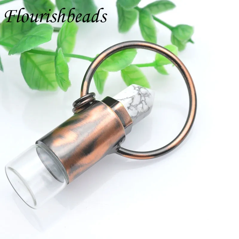 Natural Crystal Essential Oil Roller Vial Pendant Necklaces Antique Copper Perfume Bottle Charm Aromatherapy Jewelry