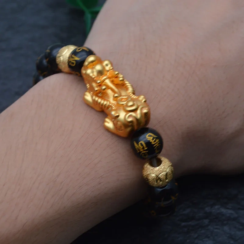 Wholesale 5pc Carved Gold Color Buddhist Words Natural Black Onyx Round Beads Metal Money Pixiu Charm Bracelet Man Jewelry