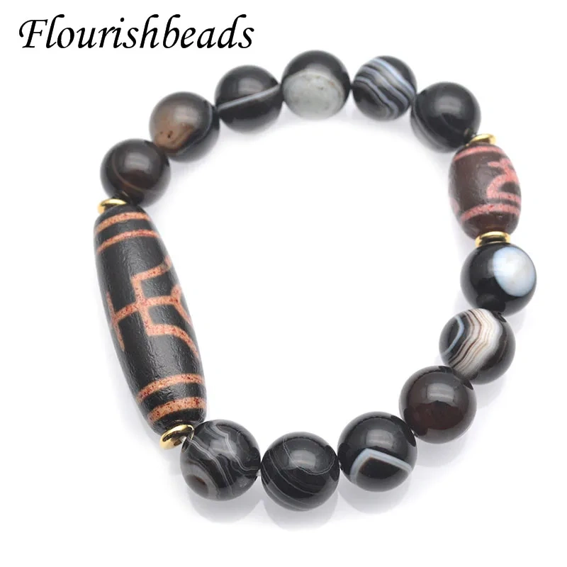 Natural Tibetan Dzi Beads 12mm Black Agate Beads Stretch Bracelets Men&amp;women Fine Jewelry