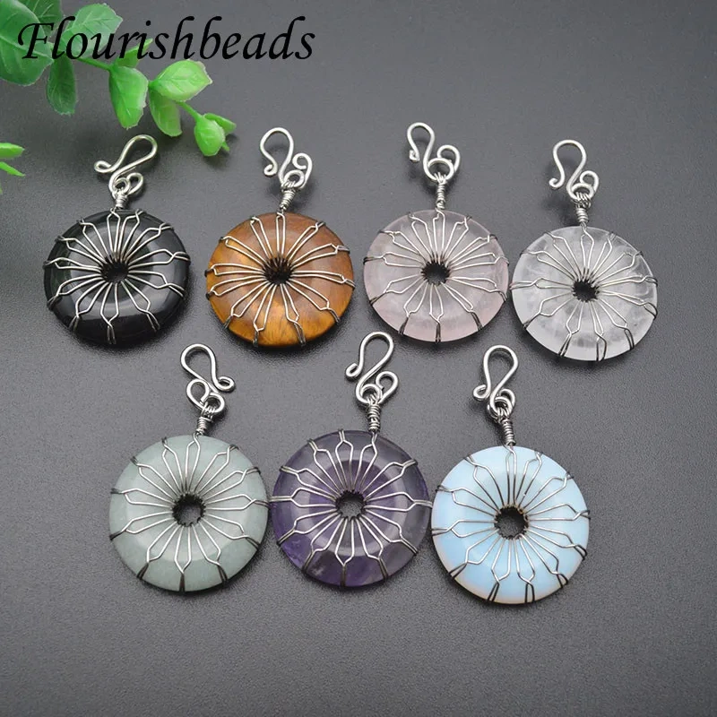 5pcs 30mm Natural Stone Quartz Crystal Tiger Eye Aventurine Opal Turquoises Donut Charms Wire Pendant for DIY Jewelry Making