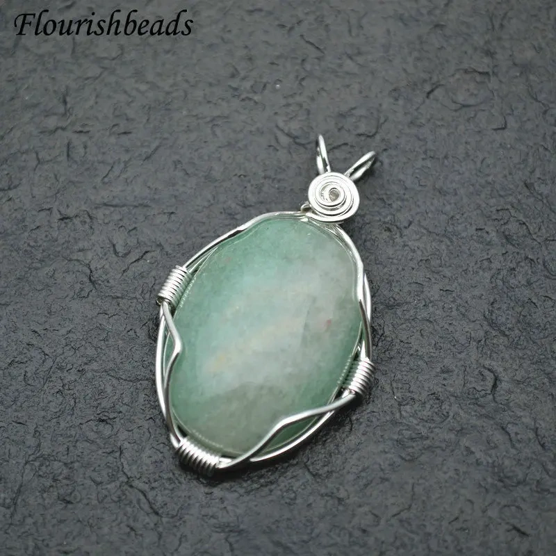 Handmade Winding Wire Natural Gemstone Oval Egg Shape Pendant Fit Necklace Jewelry DIY Stuff Tiger Eye / Pink Quartz / Agate
