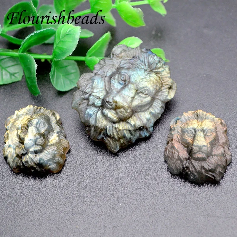 Natural Shiny Labradorite Stone Carved Lion Head Pendant Brave Lucky Reiki Amulet for DIY Necklace Jewelry Making