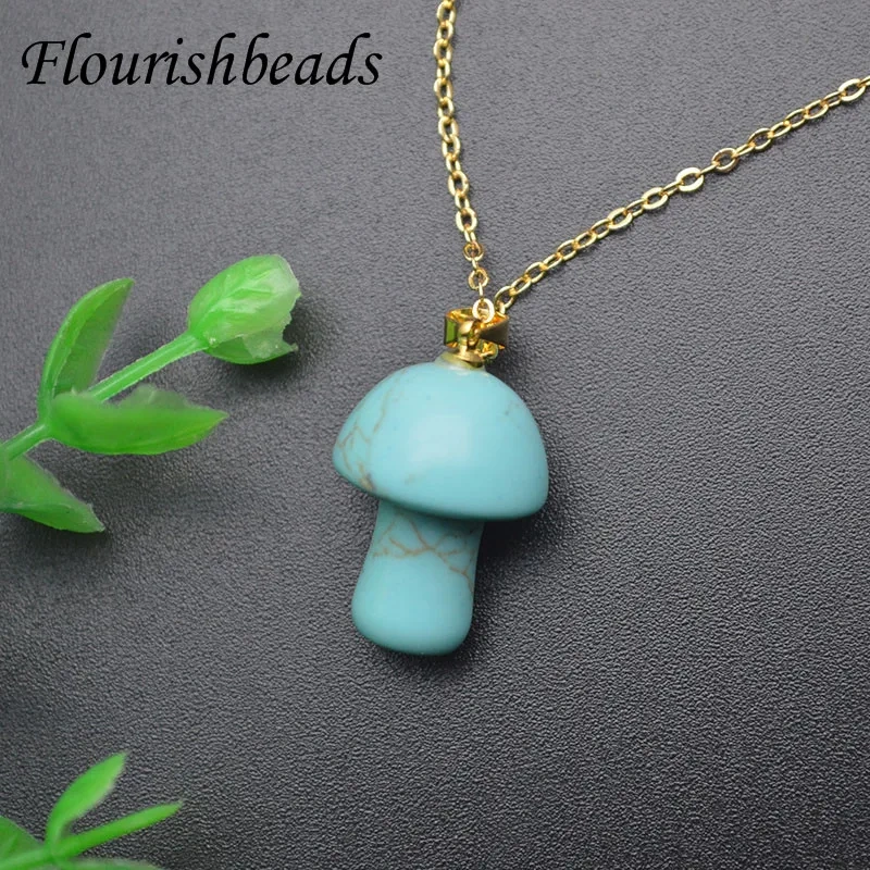 Low MOQ  Natural Gemstone Turquoise Quartz Crystal Amethyst Hand Carved Mushroom Pendant Link Necklace Yoga Amulet for Women Men