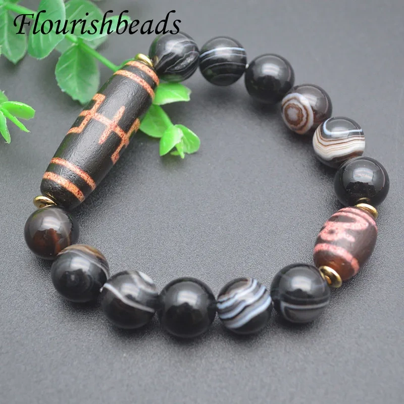 Natural Tibetan Dzi Beads 12mm Black Agate Beads Stretch Bracelets Men&women Fine Jewelry