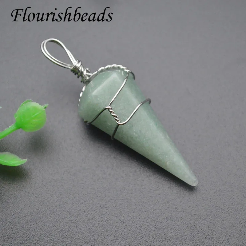 Wholesale 18x40mm Natural Stone Tourmaline  Amethyst Crystal Hexagonal Cone Metal Winding Luck Pendants for DIY Necklace