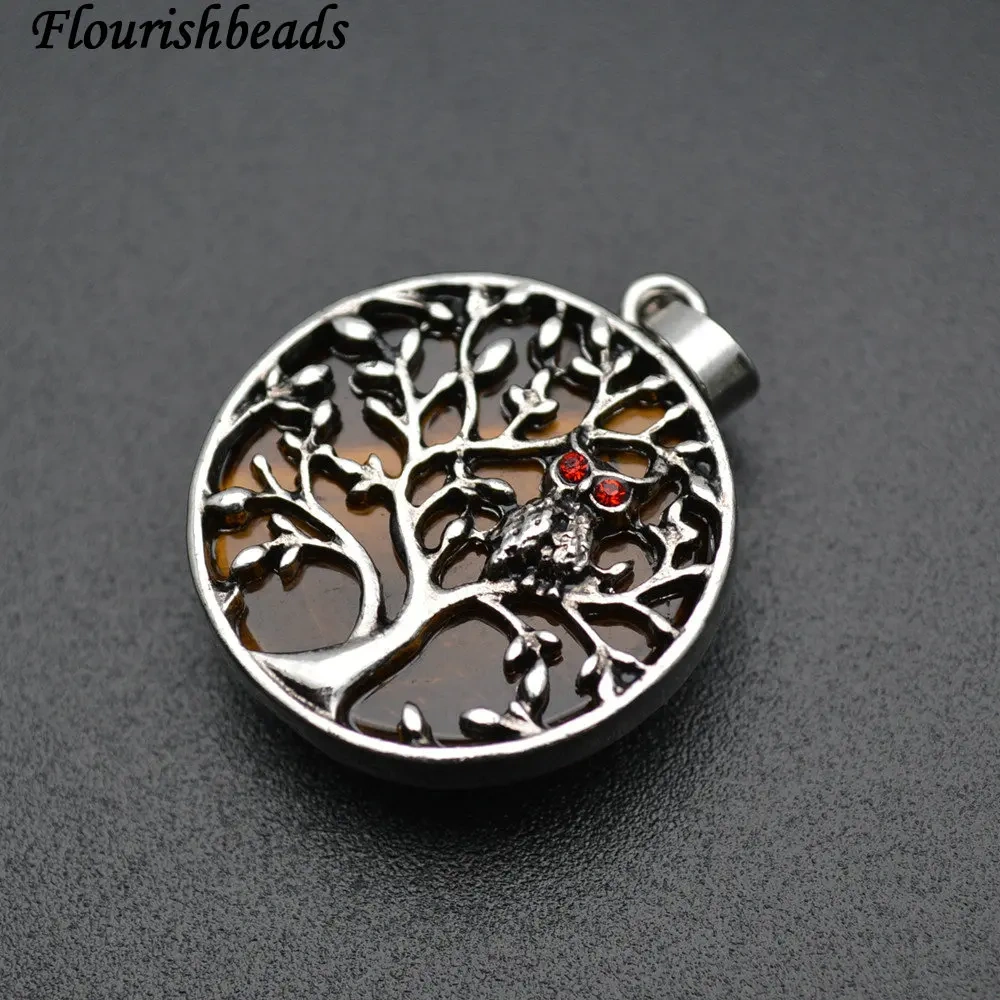 Natural Stone Round Cabochon Metal Life Tree Own Charm Pendant (Tiger eye / Lapis / Crystal / Rose Quartz / Green Aventurine)