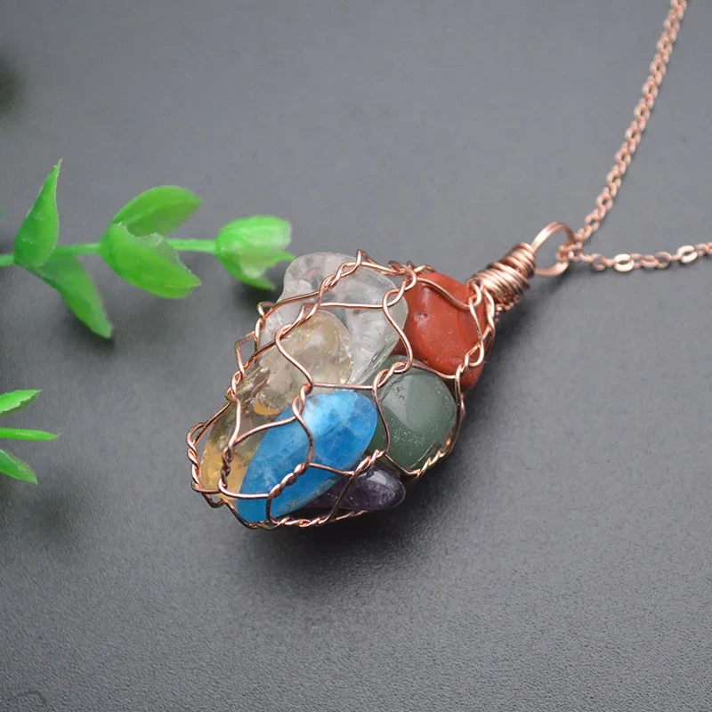 5pcs/lot  Natural Stone Crystal Amethyst Fluorite Polished Stone Nugget Rose Gold Wire Chakra Necklace Jewelry Choker Gifts
