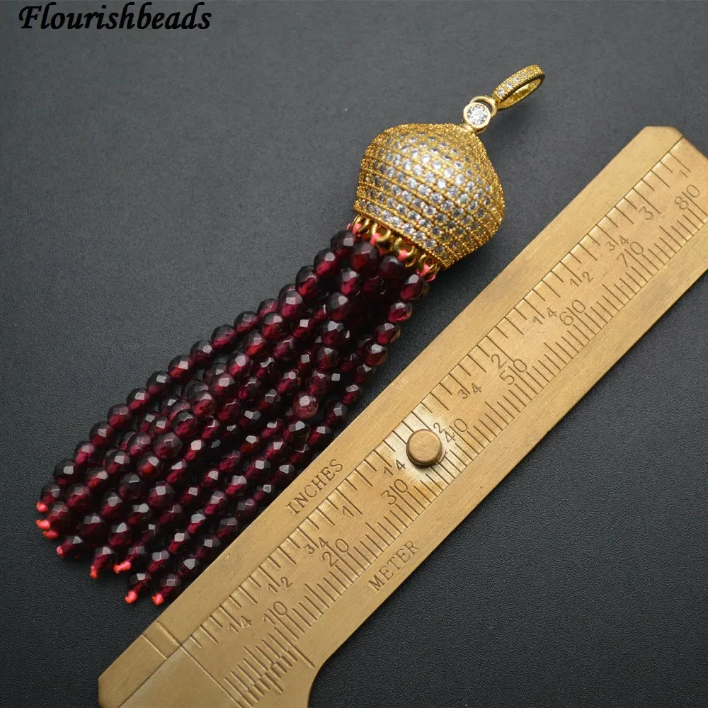 Natural Faceted 3mm Garnet / Rose Quartz / White Howlite Turquoise Round Beads Tassel Pendants Paved CZ Metal Crown Cap
