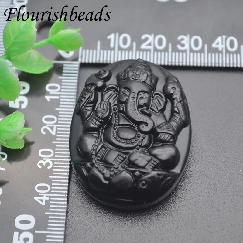 Gemstone Carved Elephant Buddha Ganesha Black Pendant Natural Obsidian Pendant DIY Necklace Cure Jewelry Making Supplies