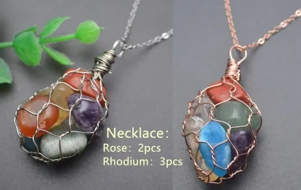 5pcs/lot  Natural Stone Crystal Amethyst Fluorite Polished Stone Nugget Rose Gold Wire Chakra Necklace Jewelry Choker Gifts