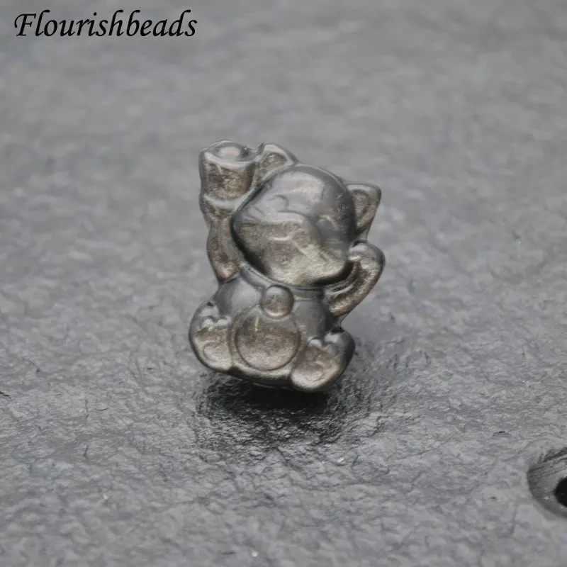 Natural Sivery Obsidian Cute Fortune Cat Gemstone Pendant Fit Necklace Buddhism Religion Accessories 5pcs / Lot