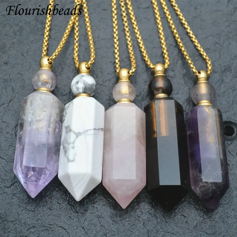 Faceted Point Perfume Bottle Pendant Natural Gemstone Essential Oils Perfume Bottle Pendant Necklace Fine Jewelry Women Gift