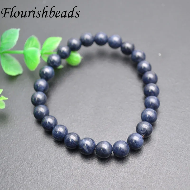 7.8~8mm Genuine Natural Blue Sapphire Gemstone Stretch Bracelet Crystal Round Beads Bracelet for Women Man