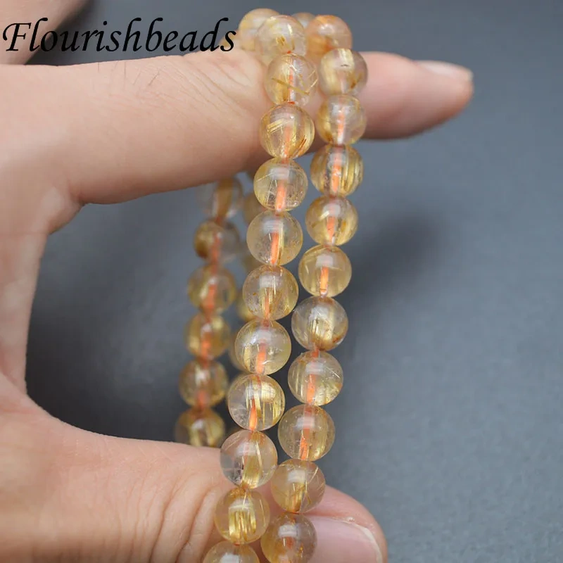 8mm Bead 100% Natural Gold Rutilated Quartz Stretch Bracelet Woman Man Luck Wealthy Beads Fine Jewelry Bangle 7.5 Inch