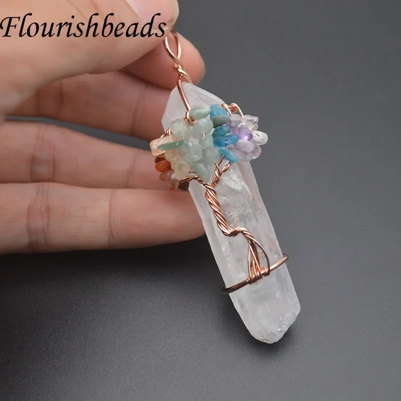 1pc Crystal Quartz Point Pillar Chakra Pendant Winding Tree of Life Pendants for Handmade DIY Necklace Jewelry