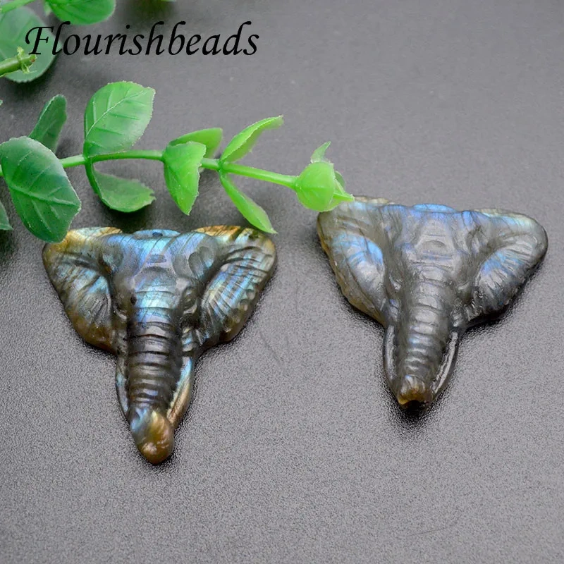 Natural Labradorite Stone Carved Elephant Shape Buddhism  Amulet Lucky Pendant for DIY Necklace Making Supplies