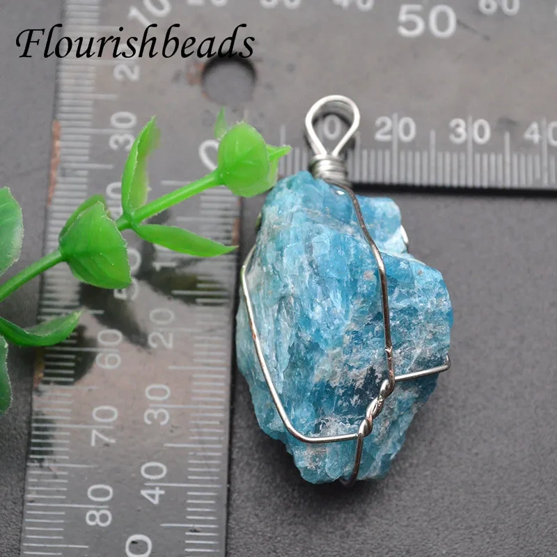 5pc Wire Wrapped Natural Irregular Blue Apatite Rough Raw Stone Nugget Pendant Gemstone DIY Necklace for Jewelry Making Supplies