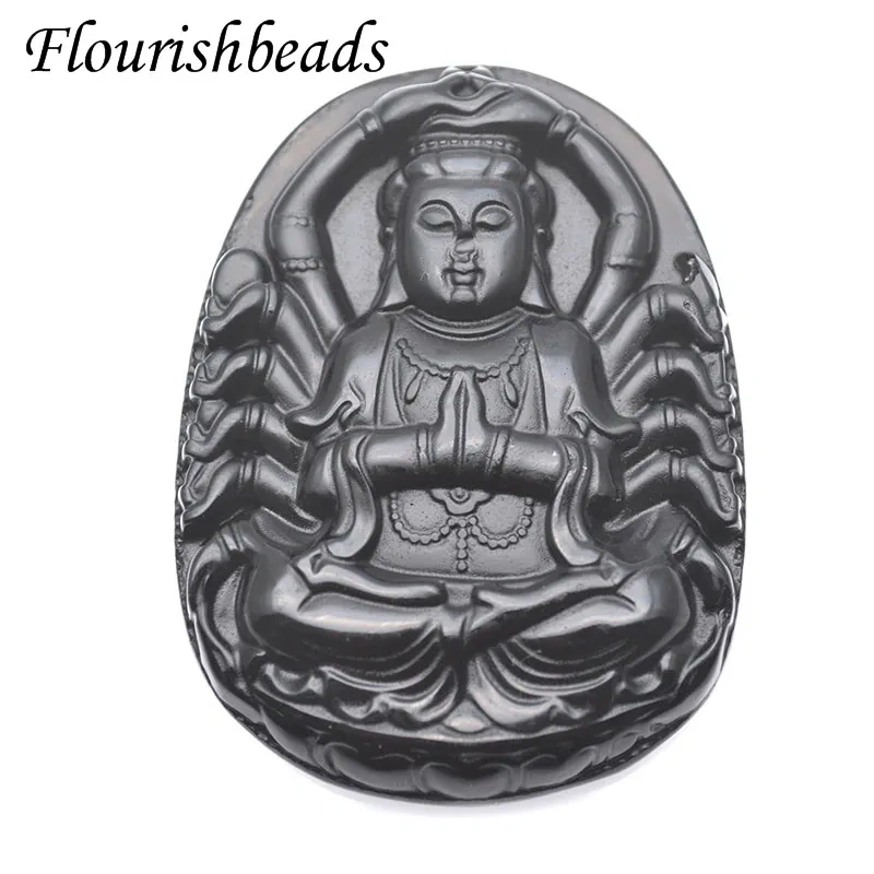 Natural Stone Black Obsidian Carved Guanyin Head Lucky Amulet Pendant DIY Necklace Fine Jewelry for Women Men