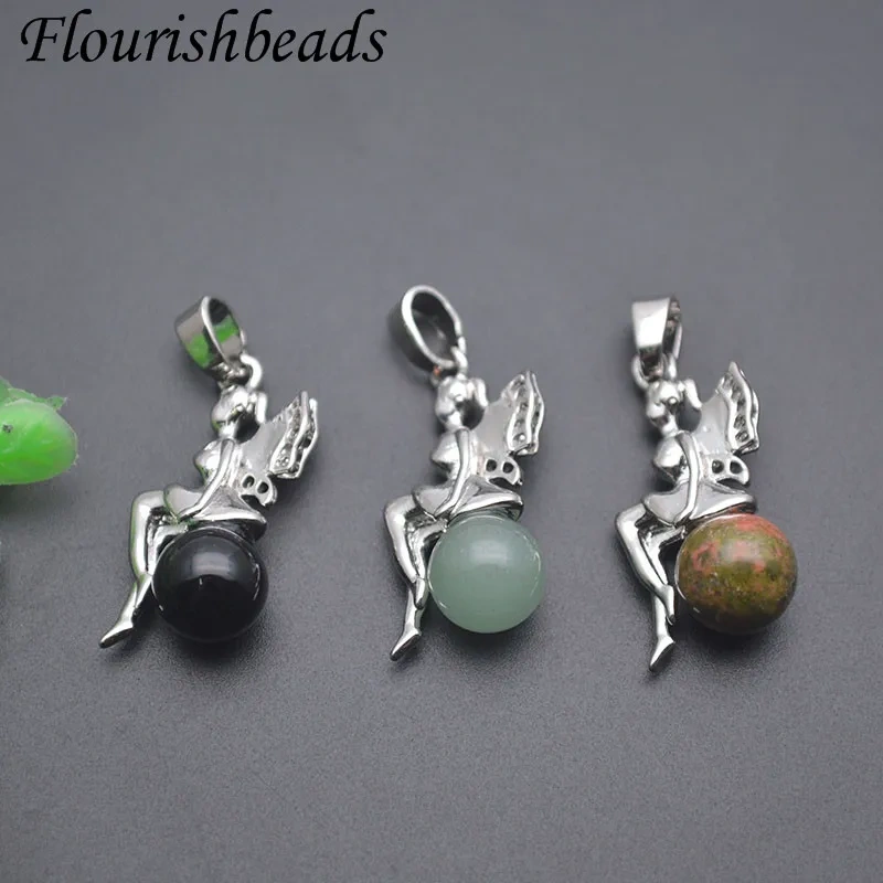 10pcs/lot Natural  Agate Green Aventurine Unakite Round Stone Genie Pendant Charm DIY Necklace Jewelry Making