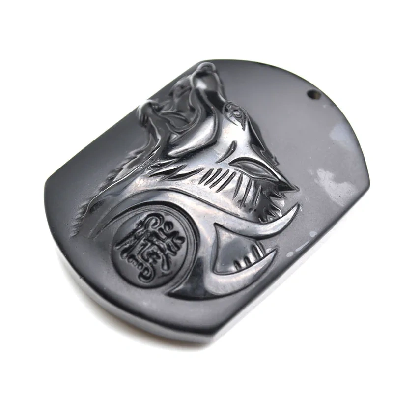 1pc Natural Black Obsidian Stone Rectangle Shape Carved Wolf Head Stone Wild Style Pendants Fit Necklace Makings