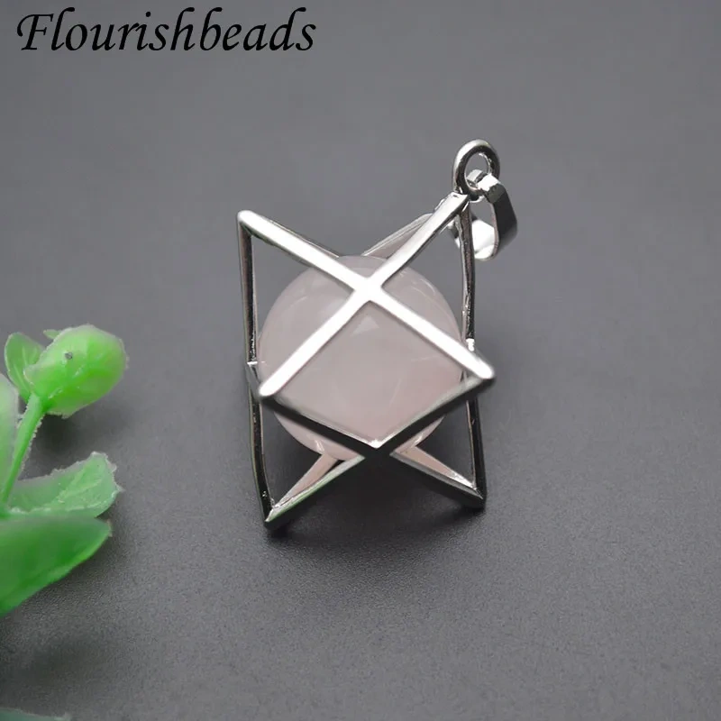 Natural Crystal Rose Quartz Round Beads Openwork Pendant for Men Women Healing Meditation Jewelry Gift