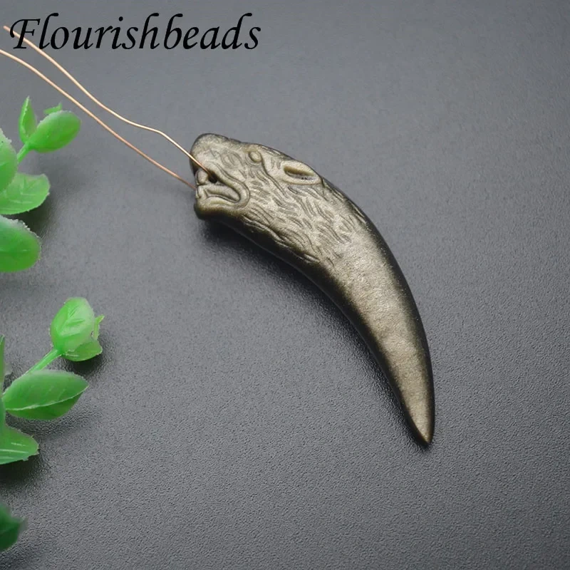 Jewelry Men Brave Pendant Natural Gold Obsidian Punk Wolf Tooth Pendant for DIY Necklace Trendy Healing Gift