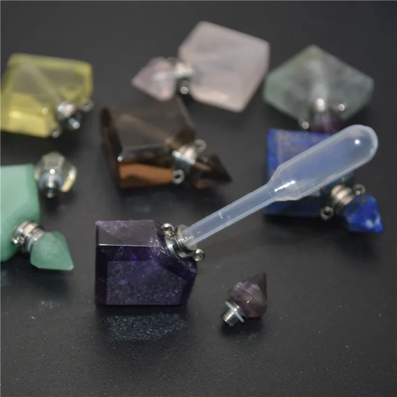 Unique Faceted Perfume Bottle Pendant Natural Gemstone Essential Oils Perfume Bottle Pendant Necklace Fine Jewelry Women Gift