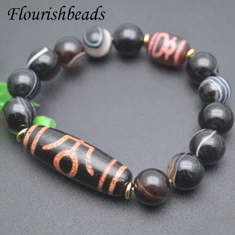Natural Tibetan Dzi Beads 12mm Black Agate Beads Stretch Bracelets Men&women Fine Jewelry