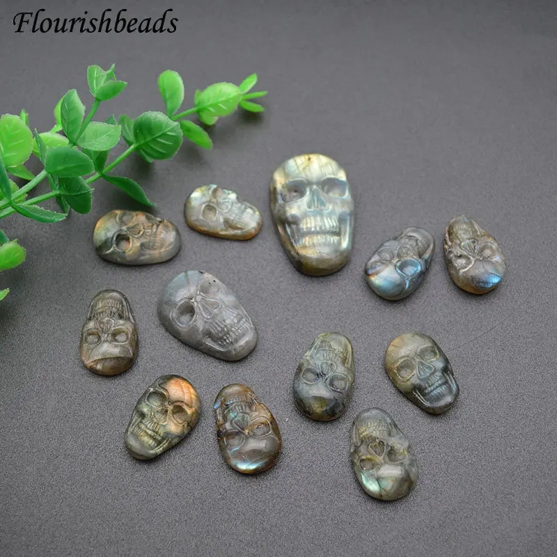 Natural Labradorite Stone Carved Skull Necklace Pendant Cabochon Jewelry DIY Makings Cool Birthday Gift 5pcs