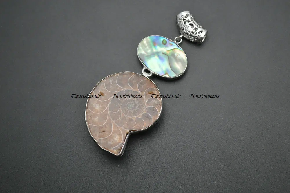 Natuarl Brown Ammonite Abalone Shell Double Layer Stone Necklace Pendant Big Size Jewelry Supplies